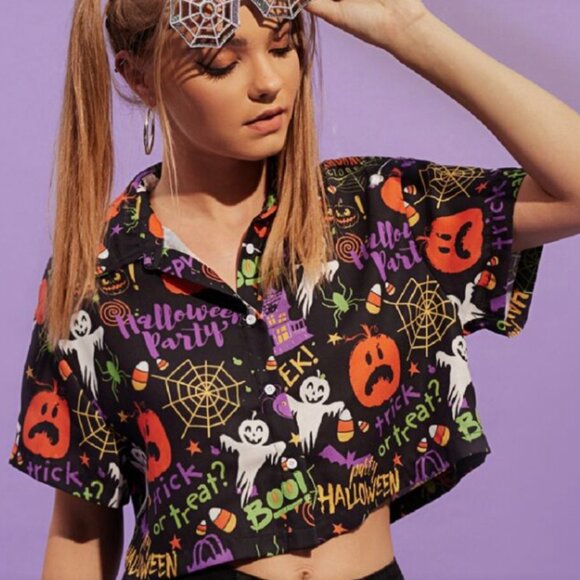 Halloween print cropped button-up - Picture 1 of 3
